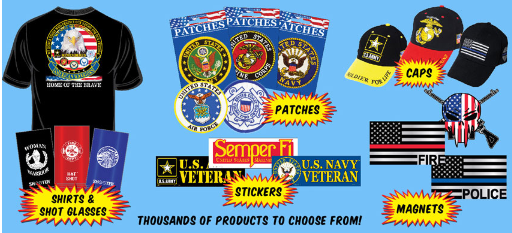 T-shirts, bumper stickers, hat pins and hats with military insignia